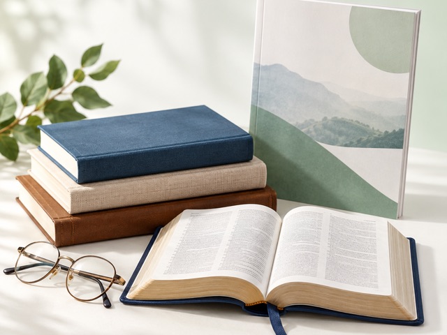 Pilha de livros devocionais, uma revista e uma Bíblia aberta com óculos ao lado
