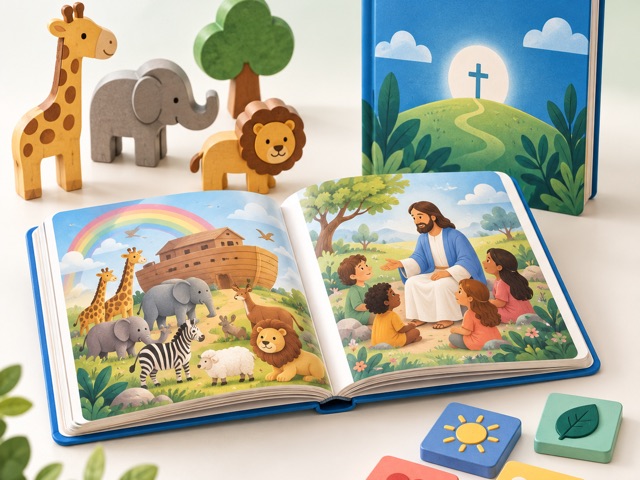 Livro infantil ilustrado com histórias bíblicas, brinquedos de madeira e blocos coloridos