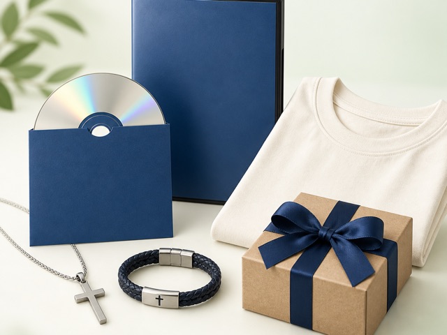 CD, DVD, camiseta, pingente de cruz, pulseira e caixa de presente com laço azul