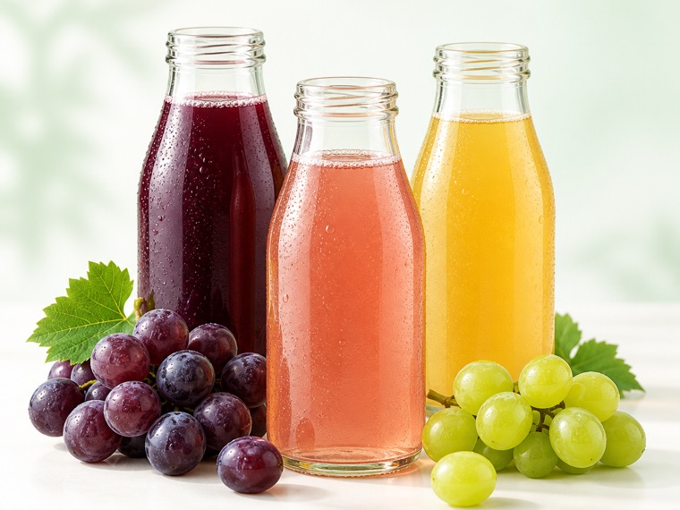Garrafas de suco de uva integral tinto, rosé e branco