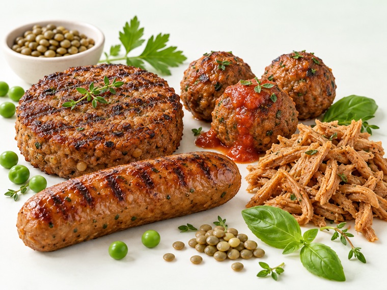 Bife, salsicha, almôndegas e frango vegetal desfiado