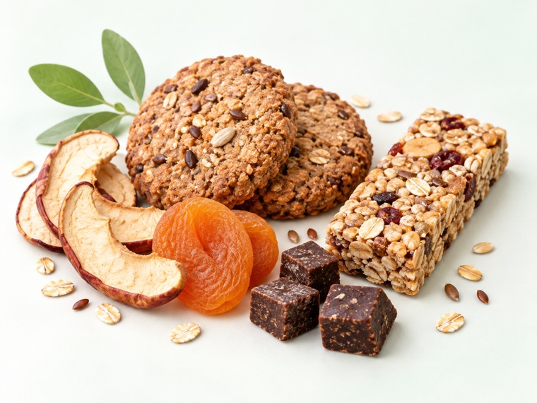 Biscoitos integrais, barras de cereal e frutas desidratadas